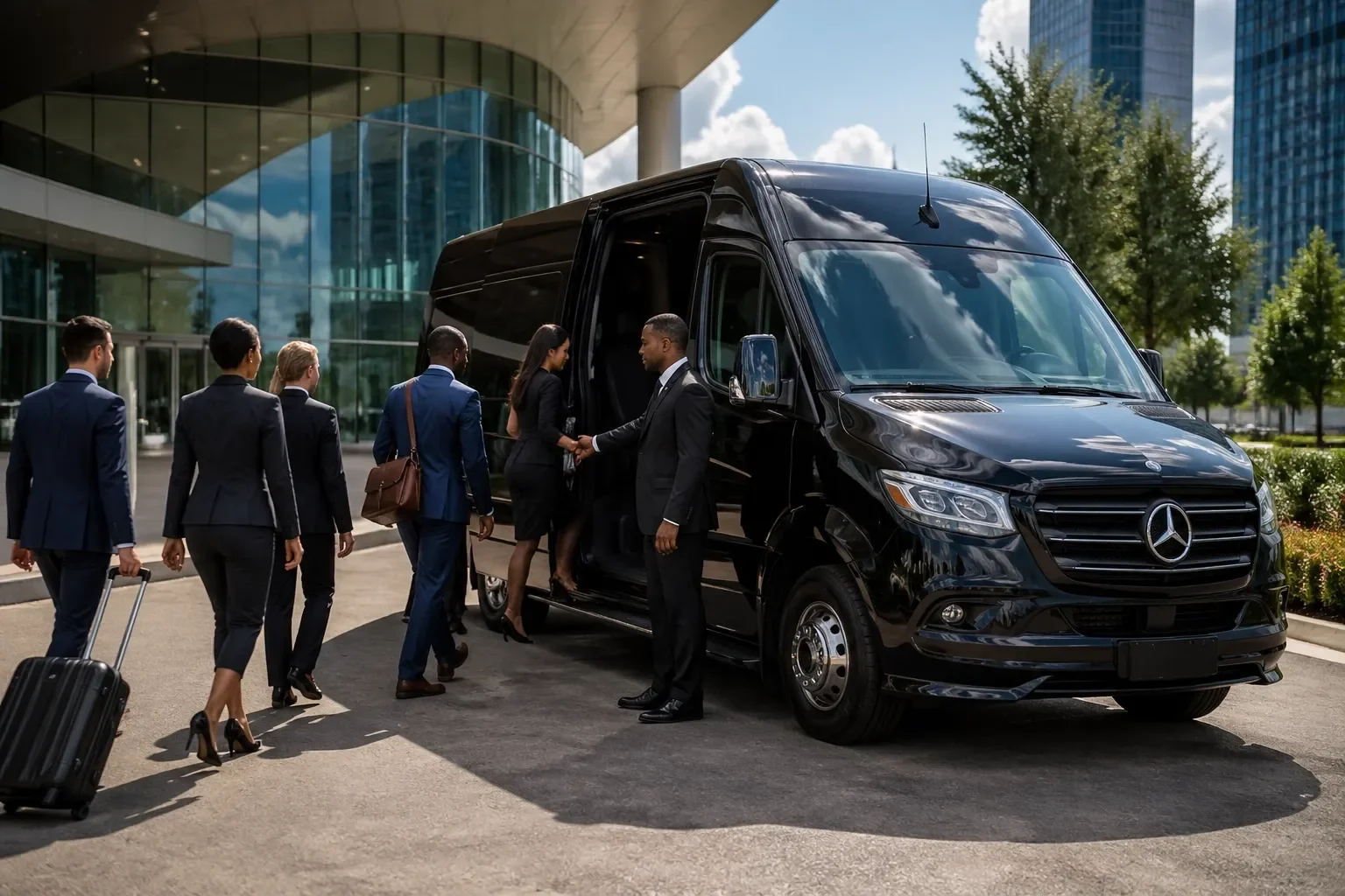 Corporate travelers boarding a black Sprinter outside a modern office